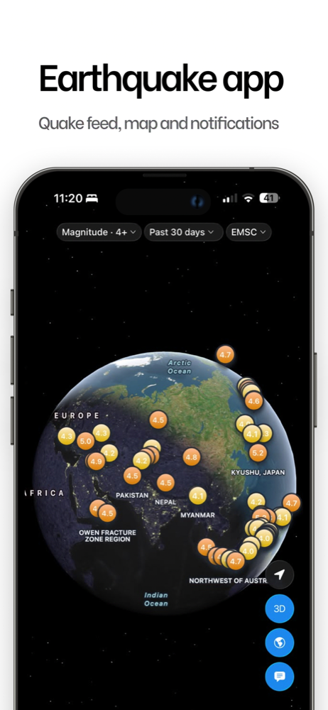 QuakeSight globe view with recent earthquakes marked by magnitude