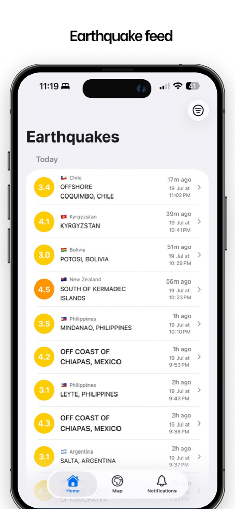 QuakeSight earthquake feed list