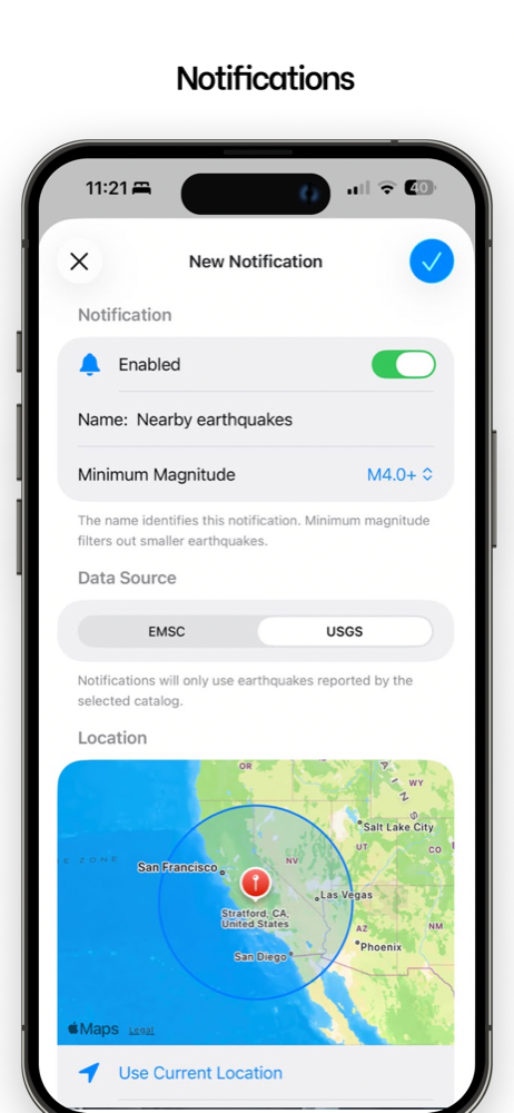 Creating a custom notification with a location radius and minimum magnitude