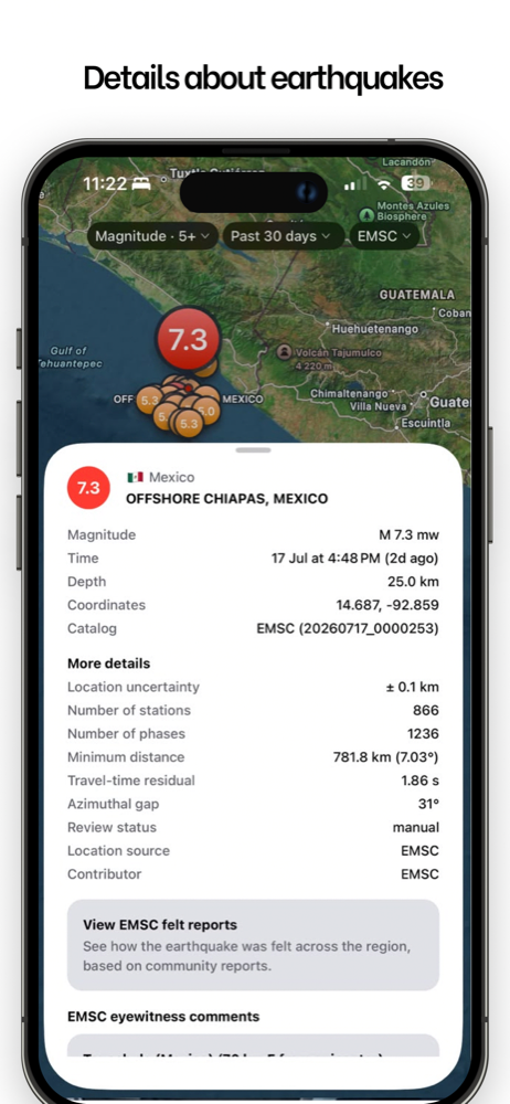 Earthquake detail page with magnitude, depth, coordinates and catalog data