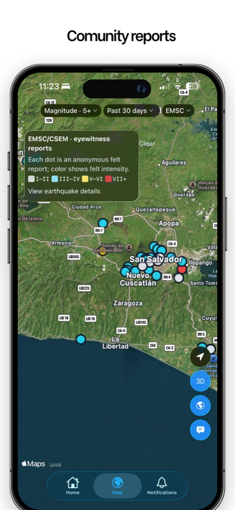 Map of anonymous felt reports around San Salvador, colored by intensity
