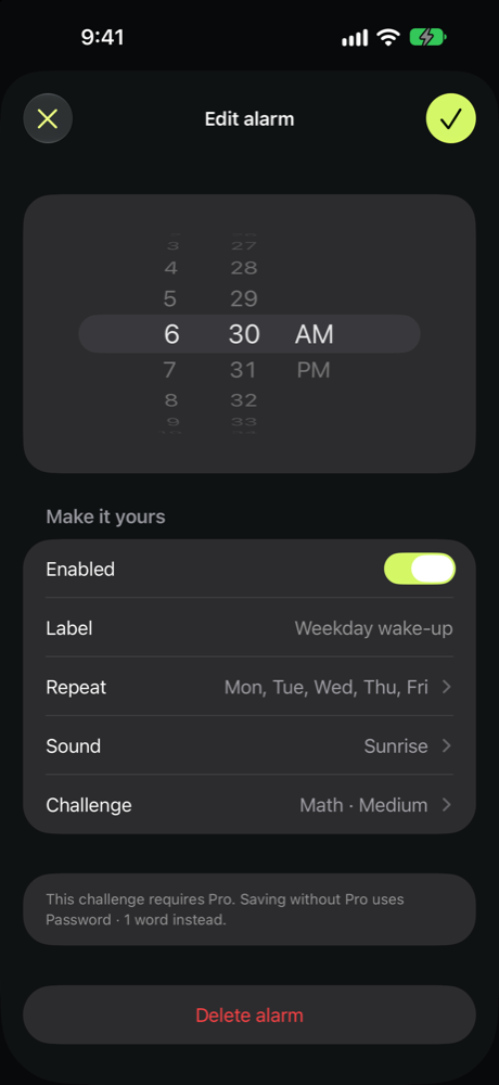 Alarm editor with repeat days, sound and challenge